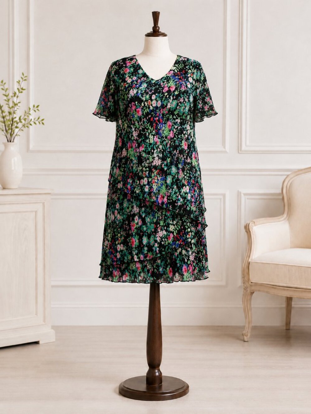 Connected Women 16W Multicolor Floral Pleated Tiered Sheath Dress NWT